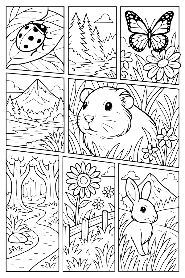 Free Guinea Pig Coloring Page - Forest Friends in Mountain Meadow (Printable PDF)