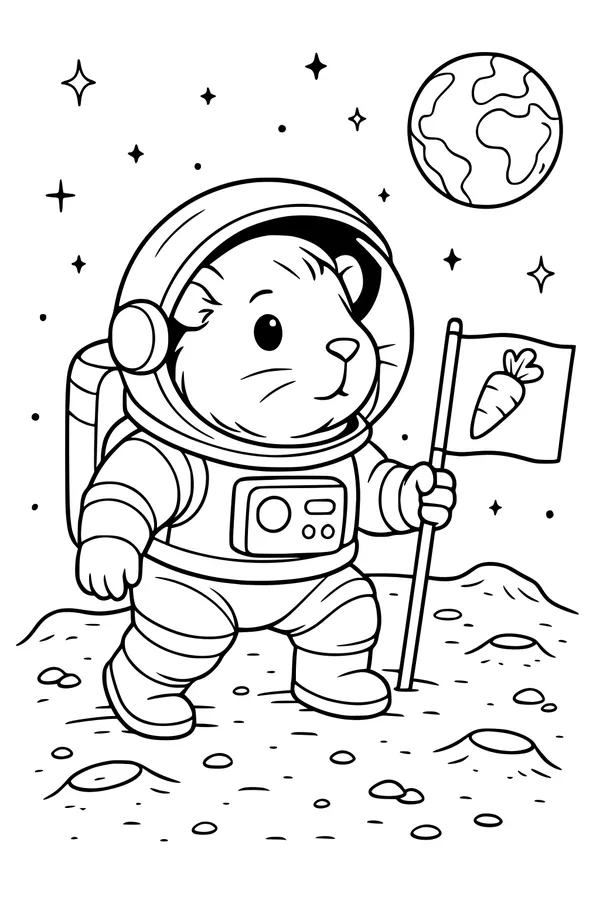 Free Guinea Pig Coloring Page - Astronaut on the Moon (Printable PDF)