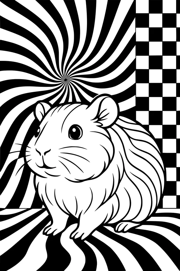 Free Guinea Pig Coloring Page - Fluffy Pet in Swirly Checkered World (Printable PDF)