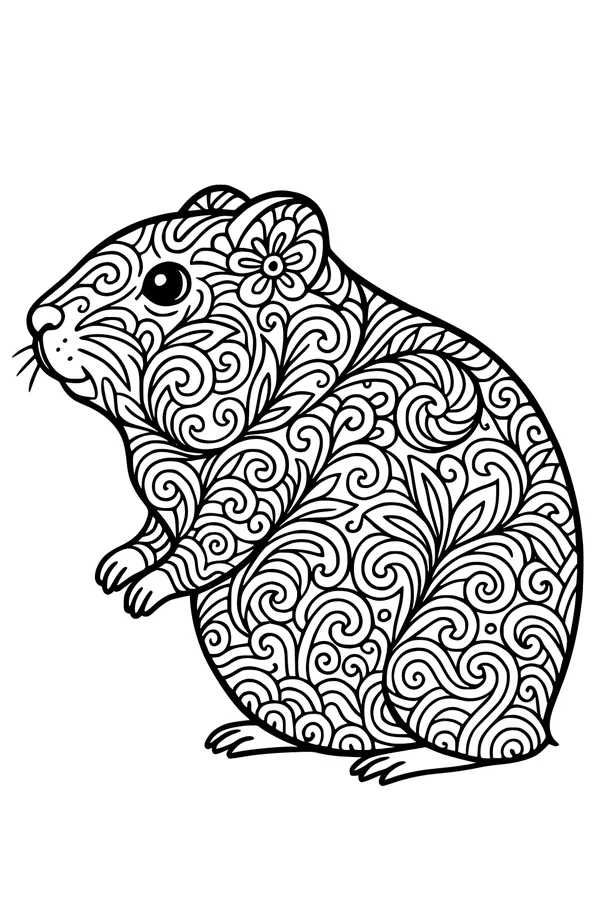 Free Guinea Pig Coloring Page - Swirly Flower-Eared Pet (Printable PDF)