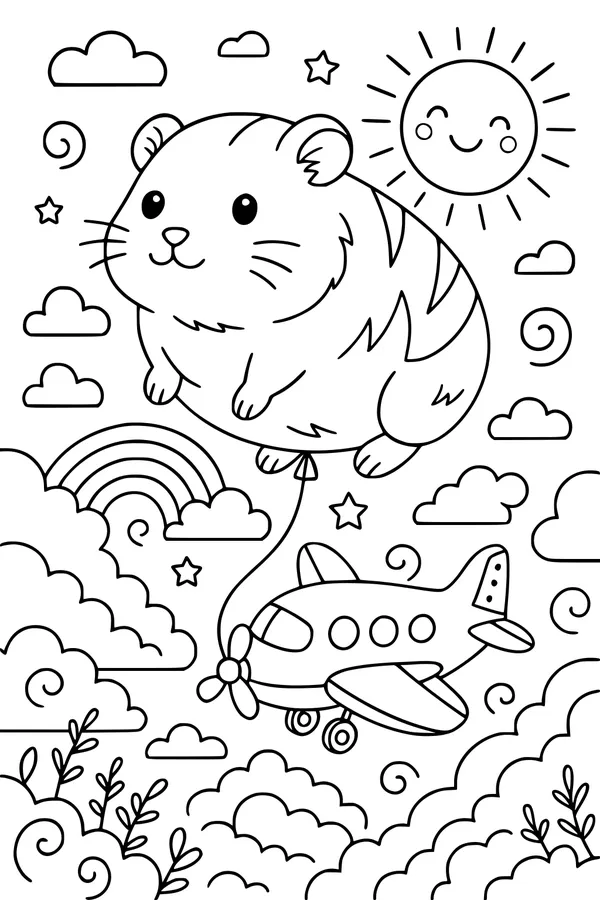 Free Guinea Pig Coloring Page - Sky Rainbow Airplane Adventure (Printable PDF)