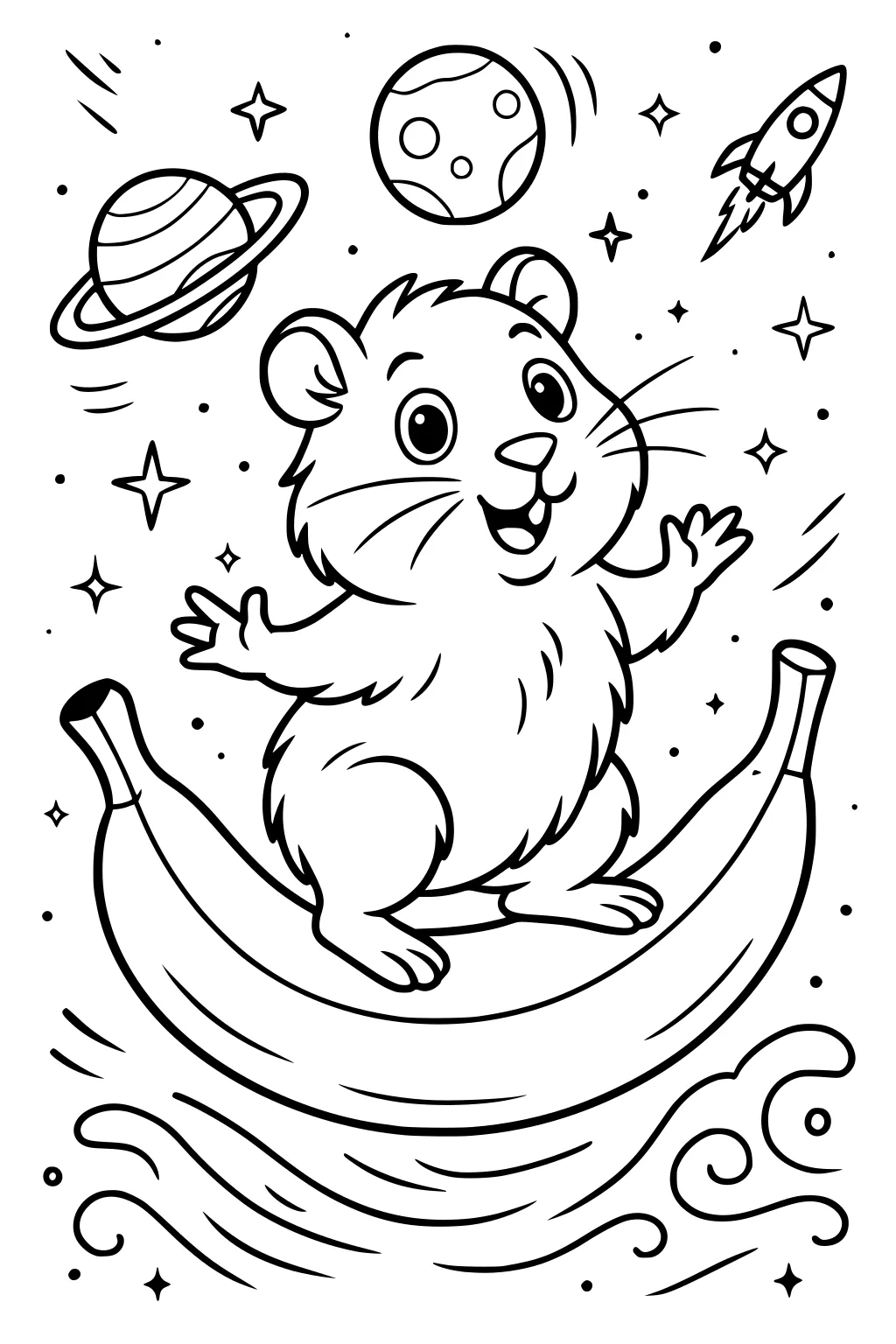 Guinea pig standing on a banana in space with planets, rocket, stars, and swirling lines around.