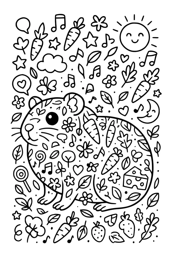 Free Guinea Pig Coloring Page - Sunshine Garden Snack Time (Printable PDF)