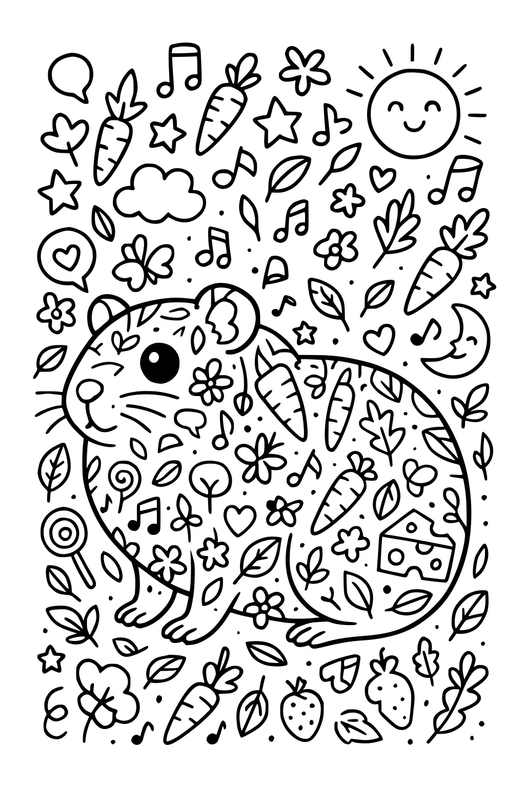 Guinea pig with carrots, cheese slice, strawberries, flowers, leaves, musical notes, smiling sun, moon, and stars.