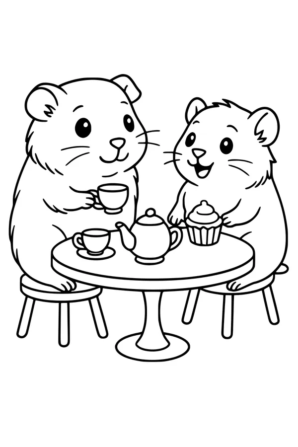 Free Guinea Pig Coloring Page - Cute Tea Party With Cupcake (Printable PDF)