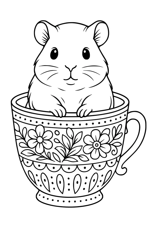 Free Guinea Pig Coloring Page - Cute Pet in Flower Teacup (Printable PDF)