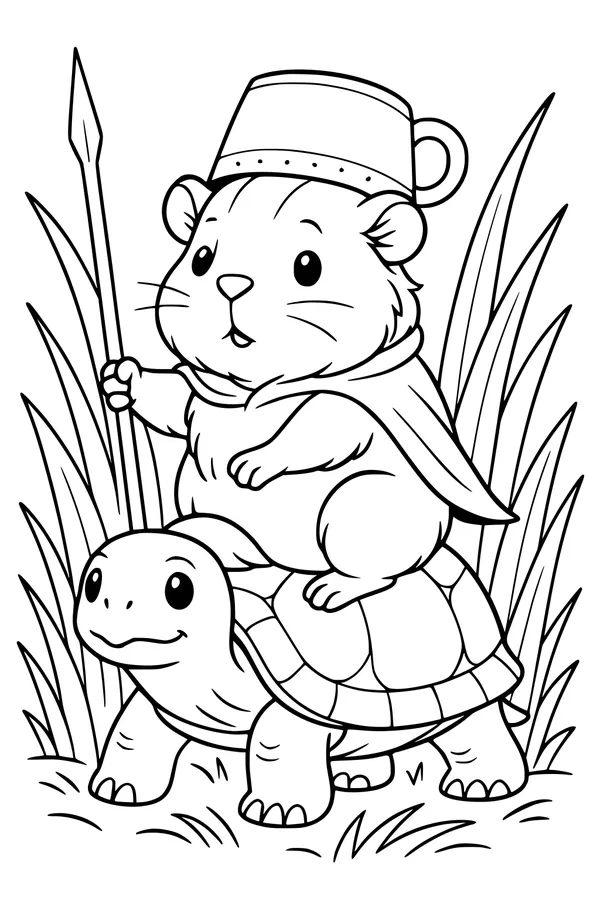Free Guinea Pig Coloring Page - Brave Knight Riding a Tortoise (Printable PDF)
