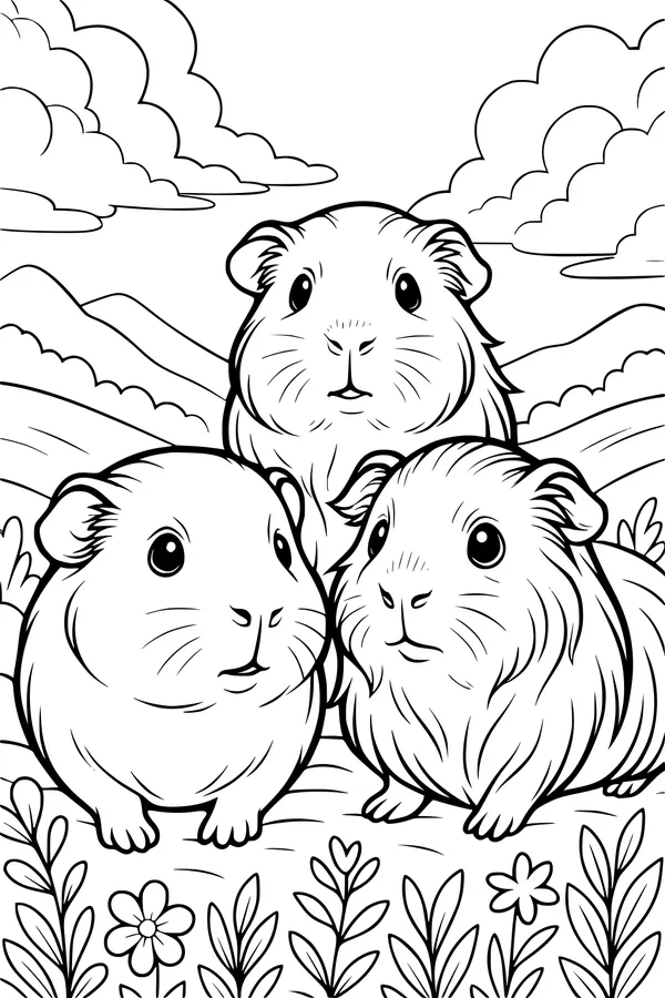 Free Guinea Pig Coloring Page - Three Pigs in a Flower Field (Printable PDF)