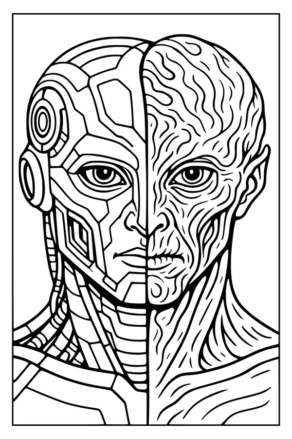Free Alien And Robot Coloring Page - Split Cyborg Portrait (Printable PDF)