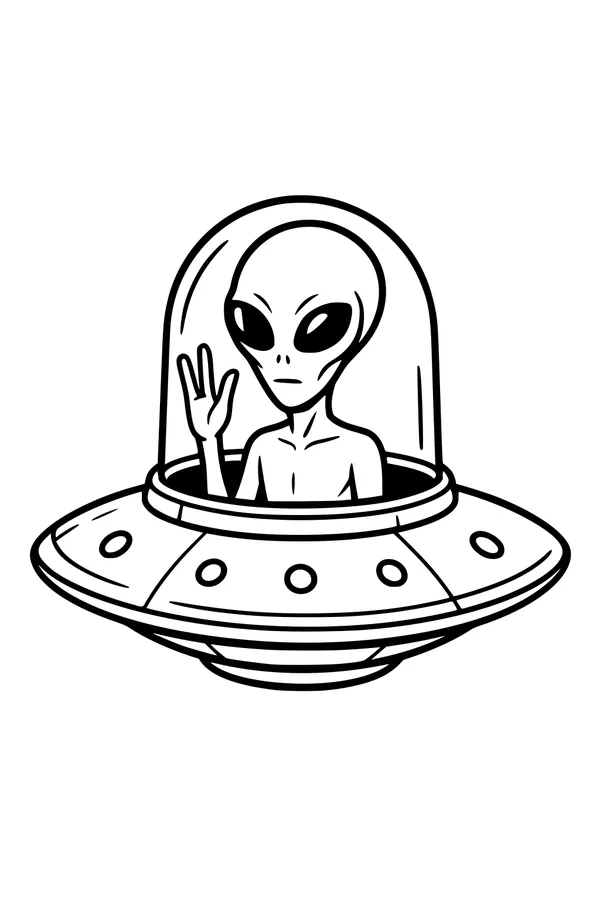 Free Alien Coloring Page - Friendly Visitor in a Halloween UFO (Printable PDF)
