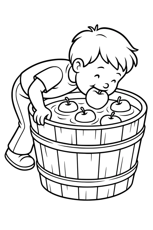 Free Halloween Apple Bobbing Coloring Page - Boy at Party Game (Printable PDF)