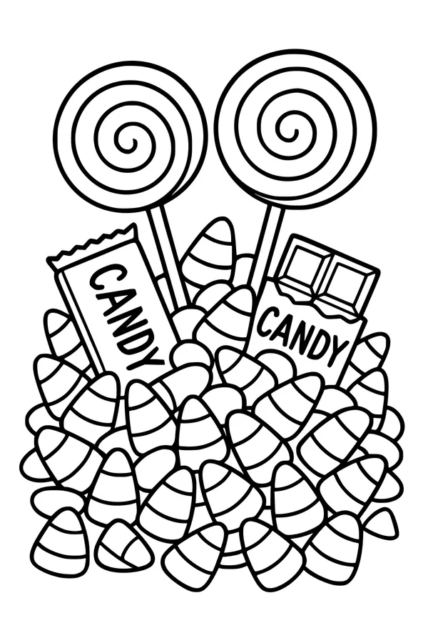 Free Halloween Candy Coloring Page - Candy Corn Swirl Pile (Printable PDF)