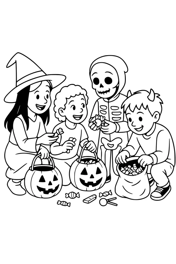 Free Halloween Kids Coloring Page - Trick-or-Treat Candy Swap (Printable PDF)