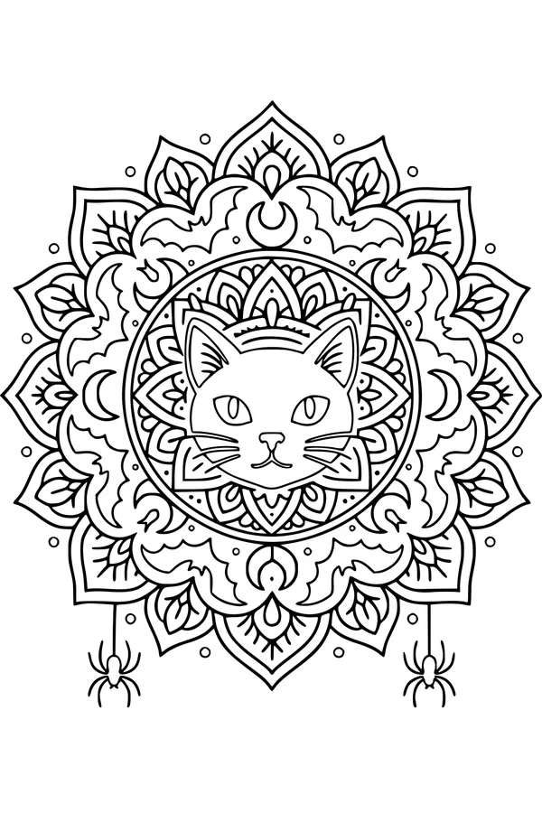 Free Halloween Cat Mandala Coloring Page - Moonlit Spiders and Crescent Moons (Printable PDF)