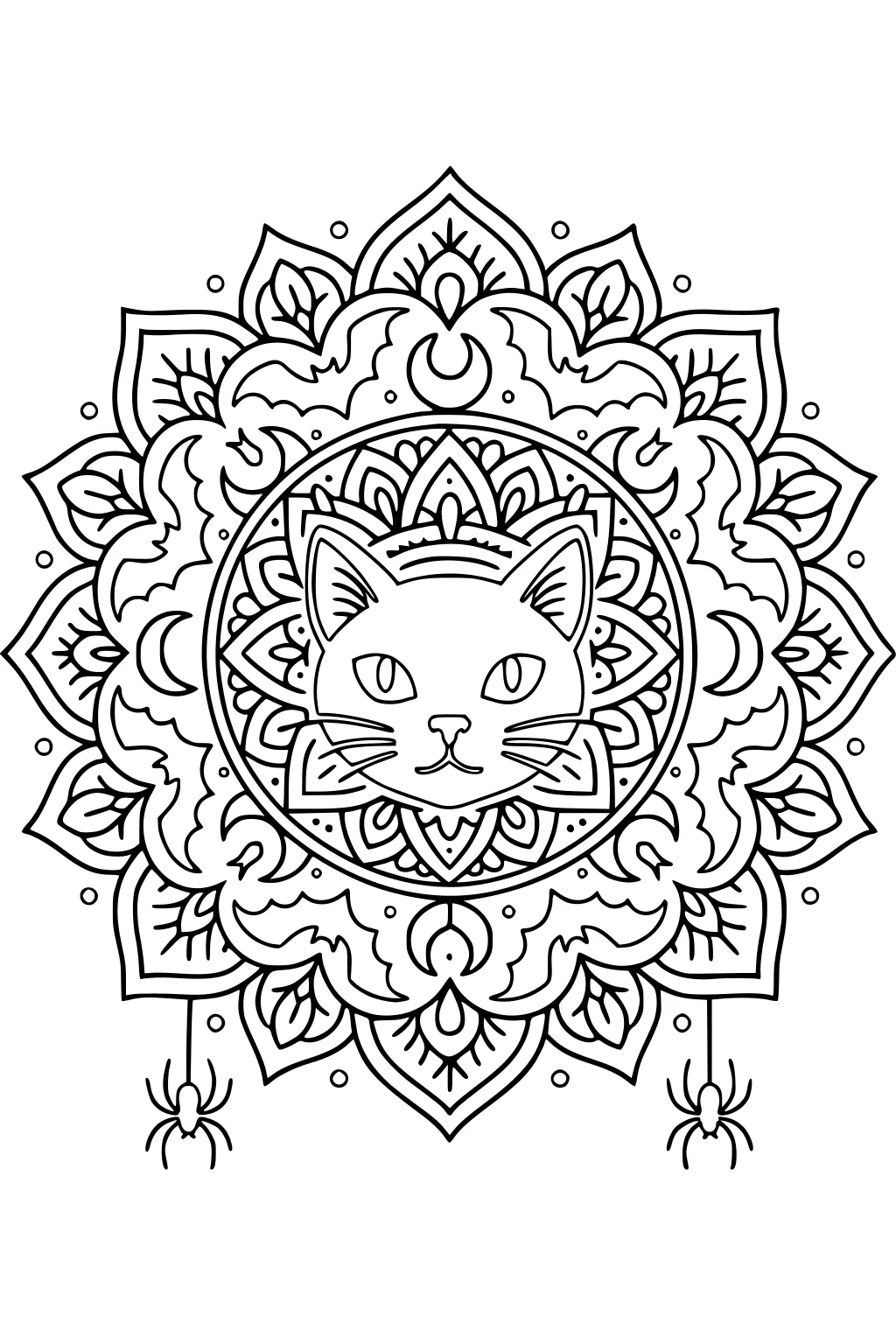 Cat mandala with crescent moons, leaves, dots, and two spiders hanging on threads at the bottom.