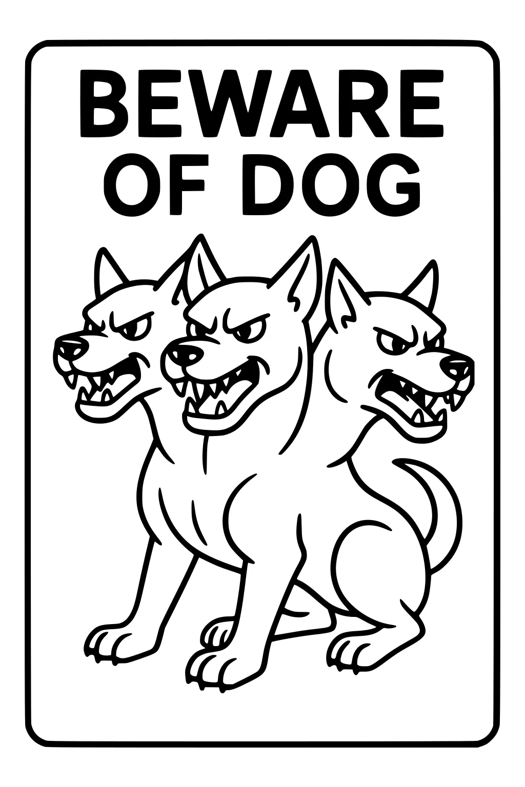Three-headed snarling dog on a rectangular sign that reads BEWARE OF DOG, thick outlines, pointed ears, sitting pose.