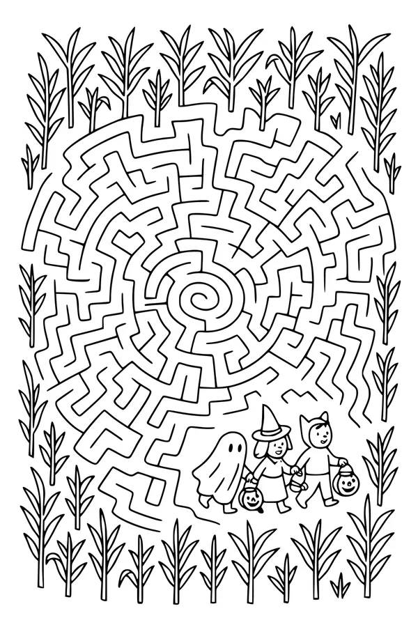 Free Halloween Trick-or-Treaters Coloring Page - Spiral Corn Maze Adventure (Printable PDF)