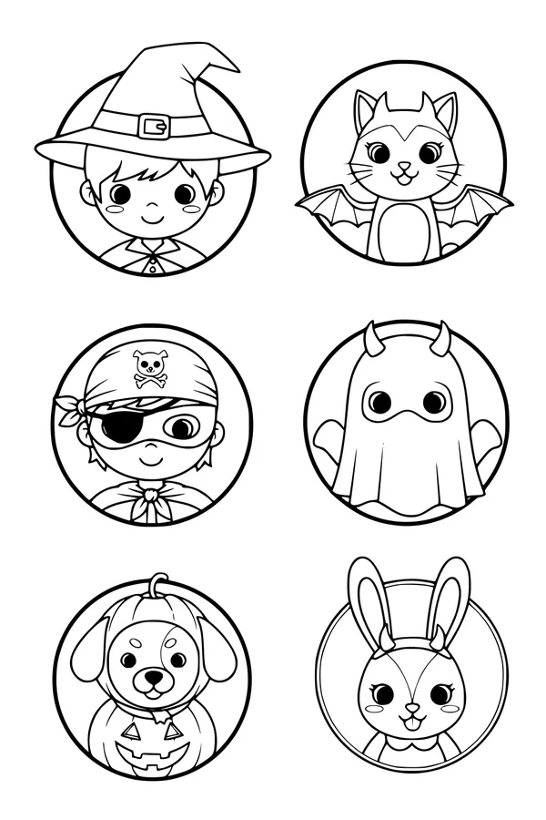 Free Halloween Friends Coloring Page - Circle Portrait Parade (Printable PDF)