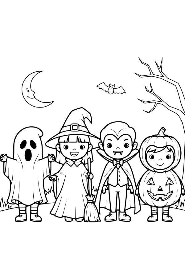 Free Halloween Kids Coloring Page - Trick-or-Treat Friends Under Moonlight (Printable PDF)