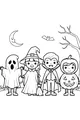 Free Halloween Kids Coloring Page - Trick-or-Treat Friends Under Moonlight (Printable PDF)