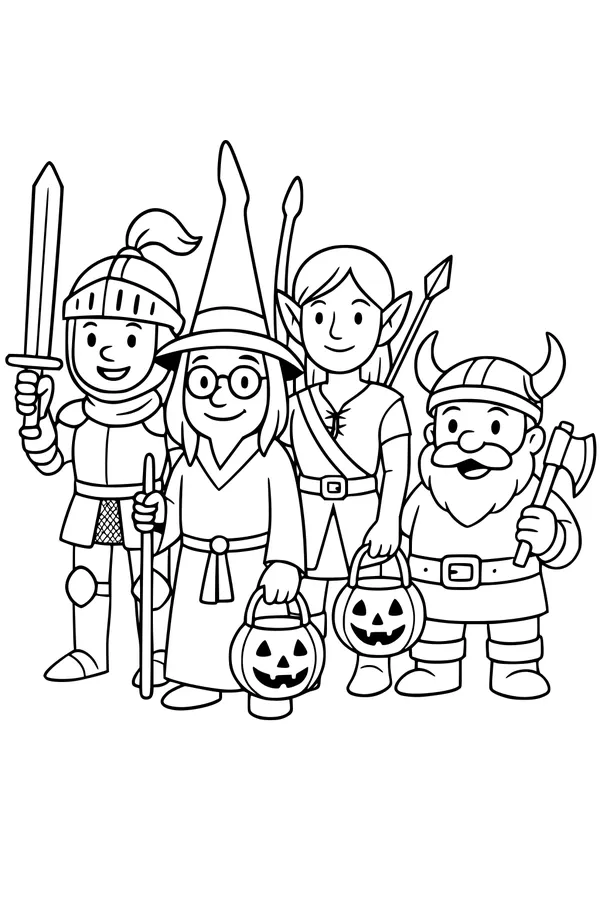 Free Halloween Kids Coloring Page - Fantasy Trick-or-Treat Costumes (Printable PDF)