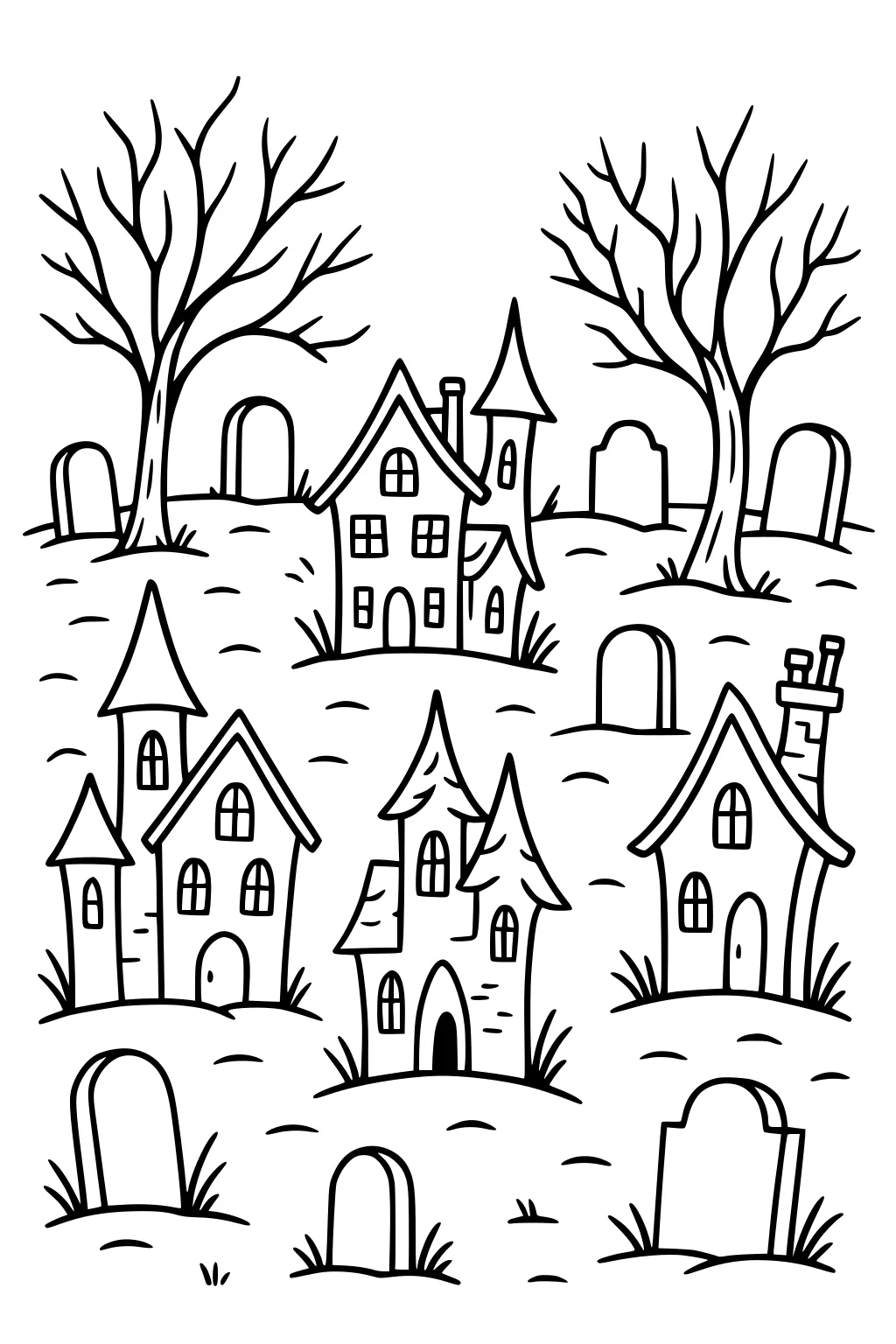 Crooked Halloween houses on rolling hills with bare trees and scattered gravestones in a cartoon line art village.
