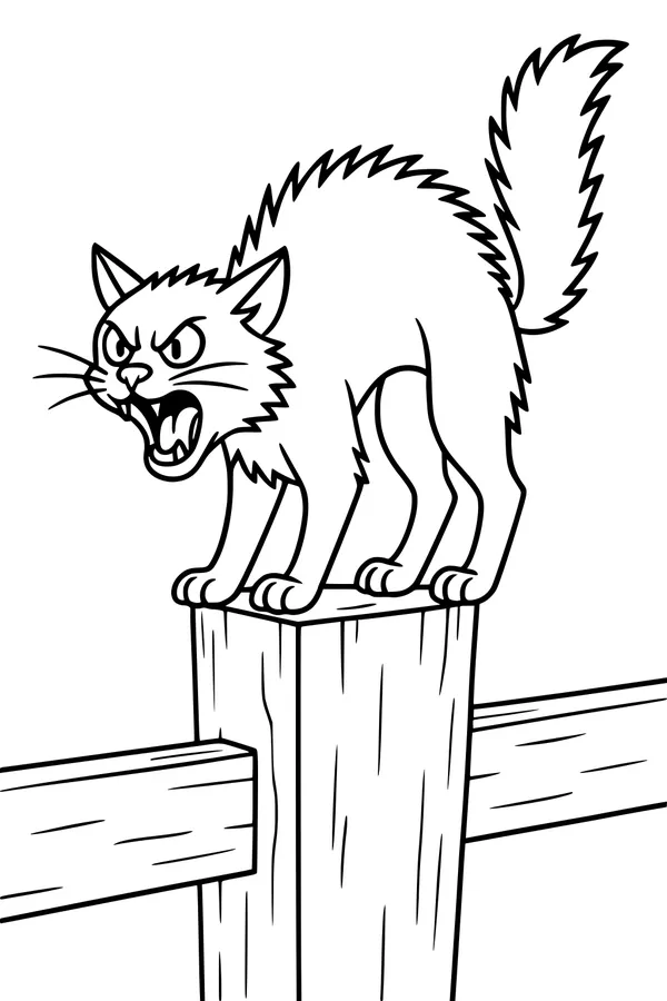 Free Halloween Cat Coloring Page - Hissing Cat On Fence Post (Printable PDF)