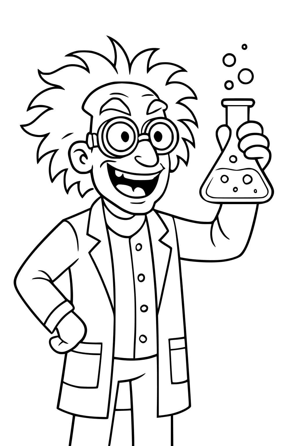 Cartoon mad scientist with wild hair and goggles holding a bubbling flask, wearing a long lab coat with pockets.