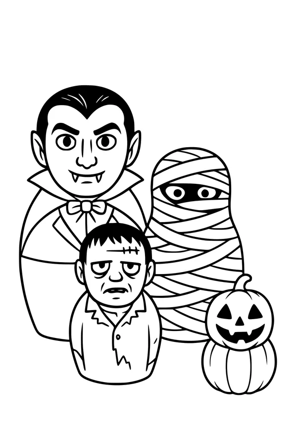 Free Halloween Monsters Coloring Page - Vampire, Mummy, Frankenstein And Pumpkin (Printable PDF)
