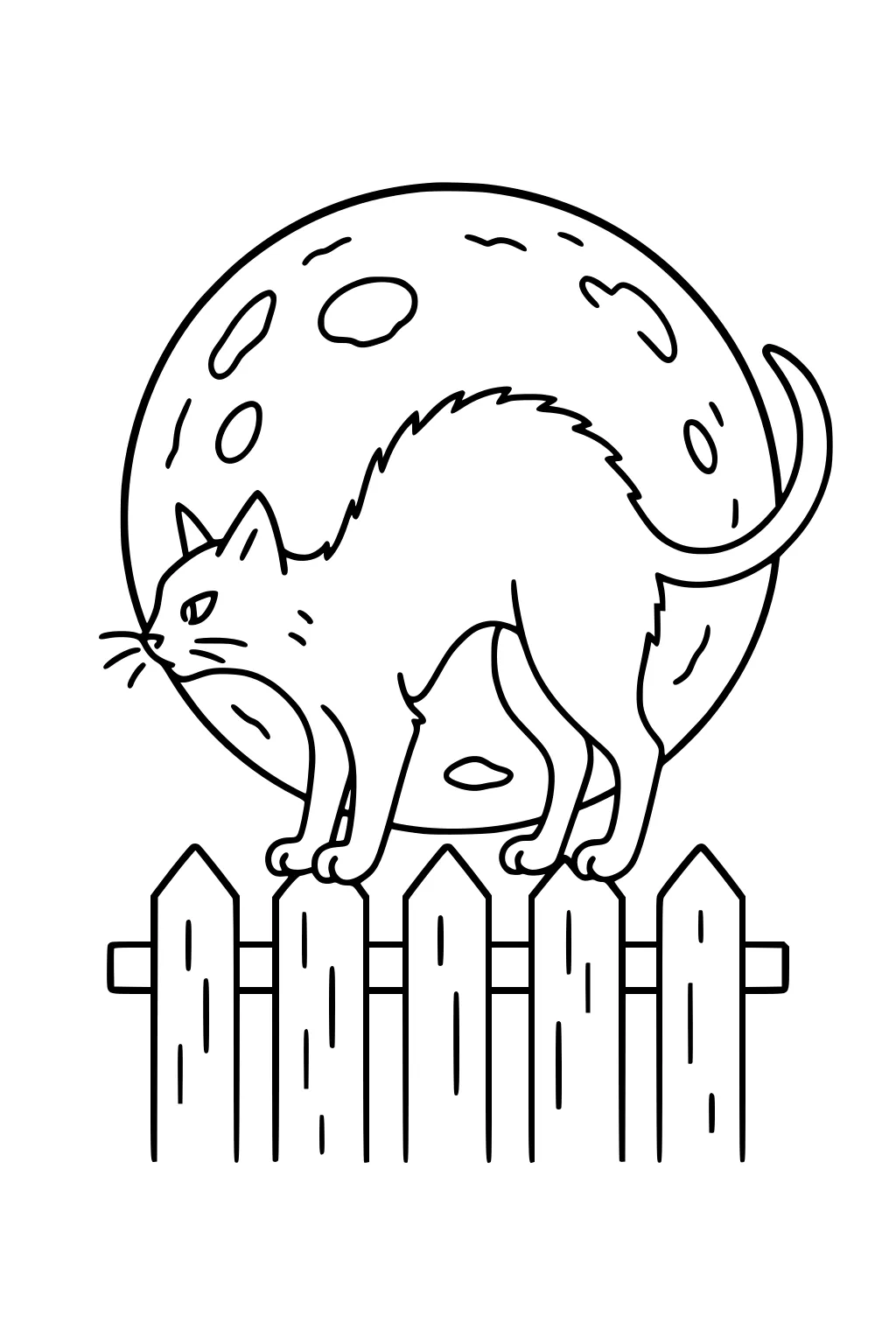 Cat with arched back on a wooden picket fence, large full moon behind, Halloween line art.
