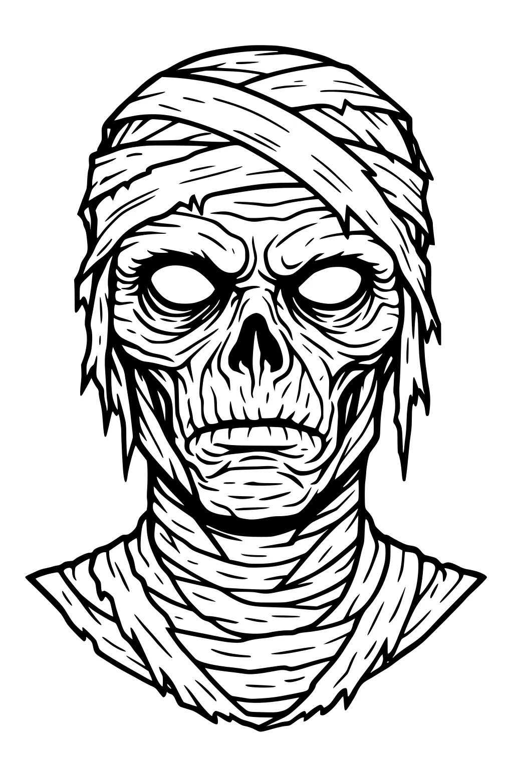 Front view of a mummy head and shoulders with layered bandages, blank oval eyes, and bold black outlines on a white background.