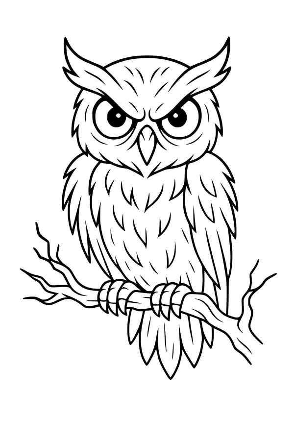 Free Halloween Owl Coloring Page - Midnight Watcher on Gnarled Branch (Printable PDF)
