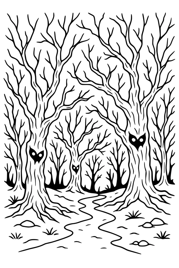 Free Halloween Forest Coloring Page - Owl-Faced Spooky Trees (Printable PDF)