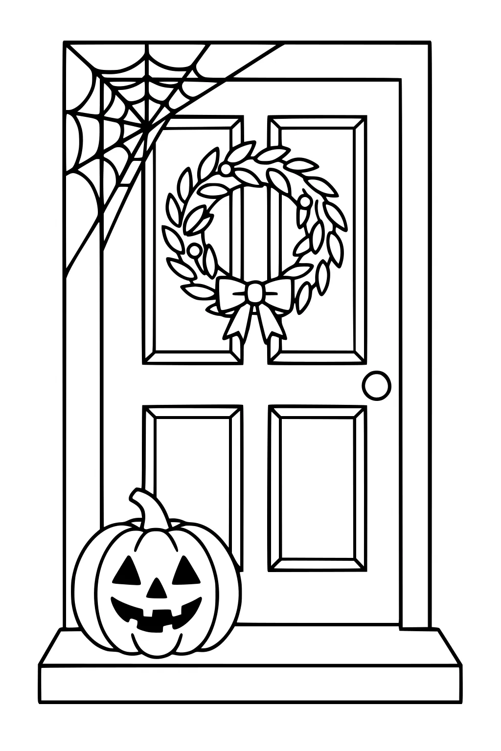 Halloween door with jack-o-lantern on step, leaf wreath with bow, spider web in corner, paneled door and round knob.