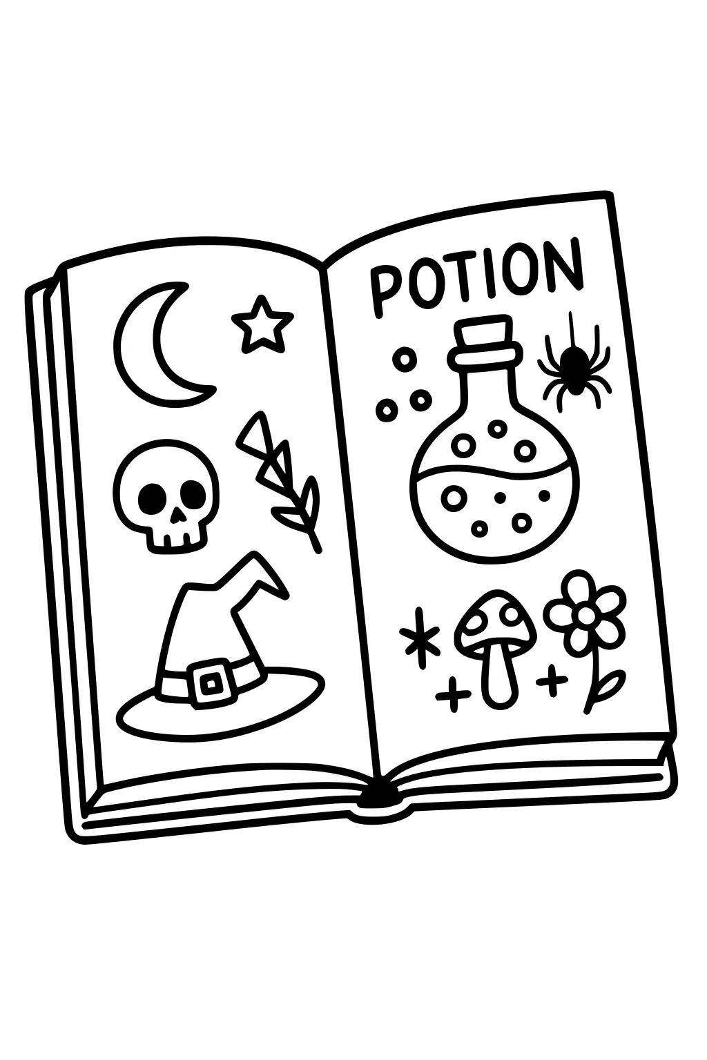 Open Halloween spell book with moon, skull, witch hat, and POTION page with potion bottle, spider, mushroom, flower.