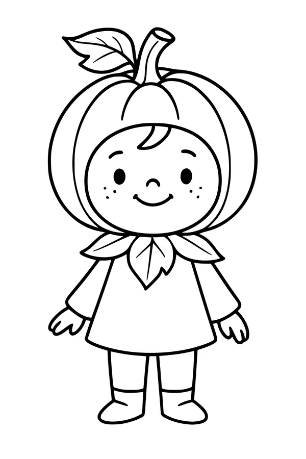 Free Pumpkin Costume Girl Coloring Page - Smiling Trick-or-Treater (Printable PDF)