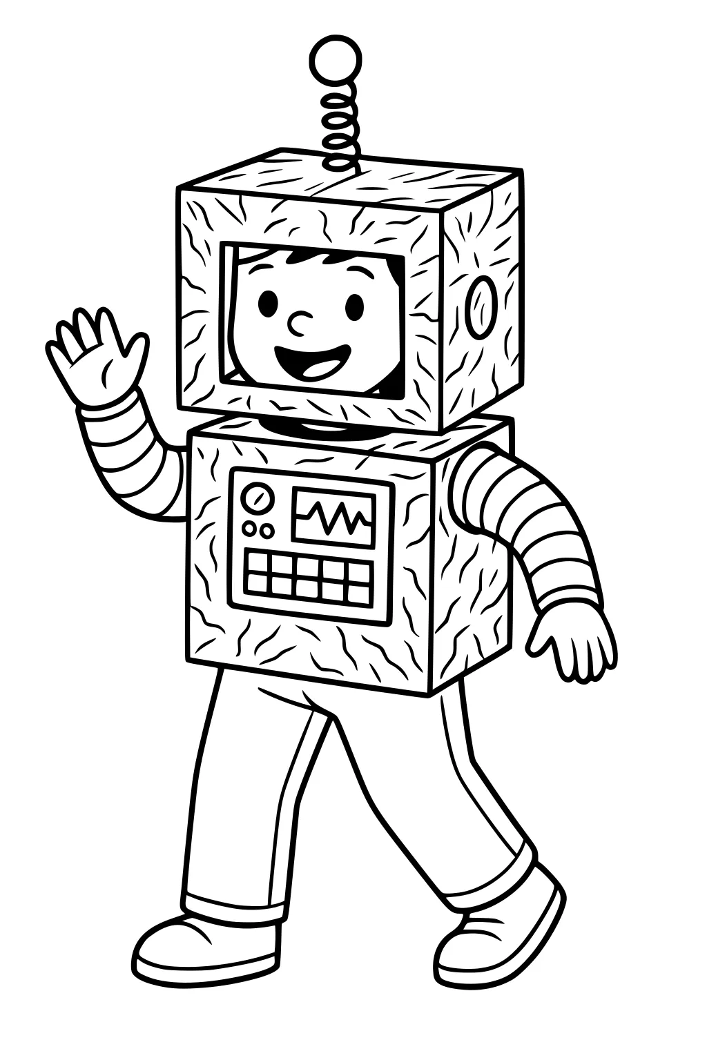 Smiling boy in a cardboard robot costume with antenna, control panel, and striped sleeves, waving while walking.
