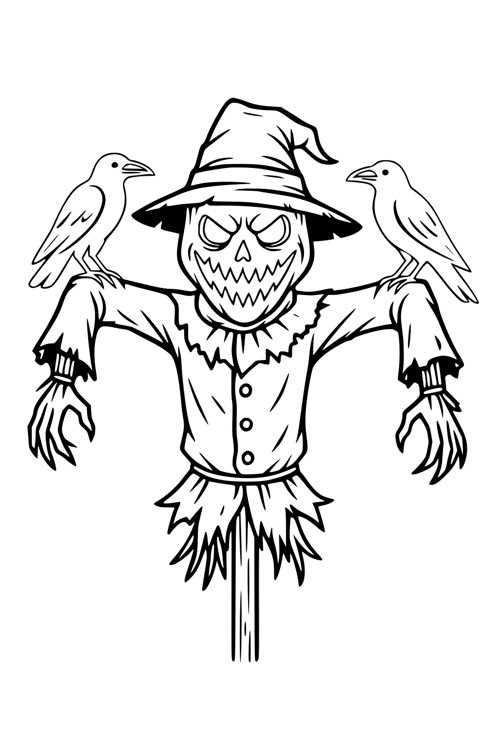 Halloween scarecrow with pumpkin head, floppy hat, ragged shirt on a pole, straw trim, and two crows perched on the sleeves.