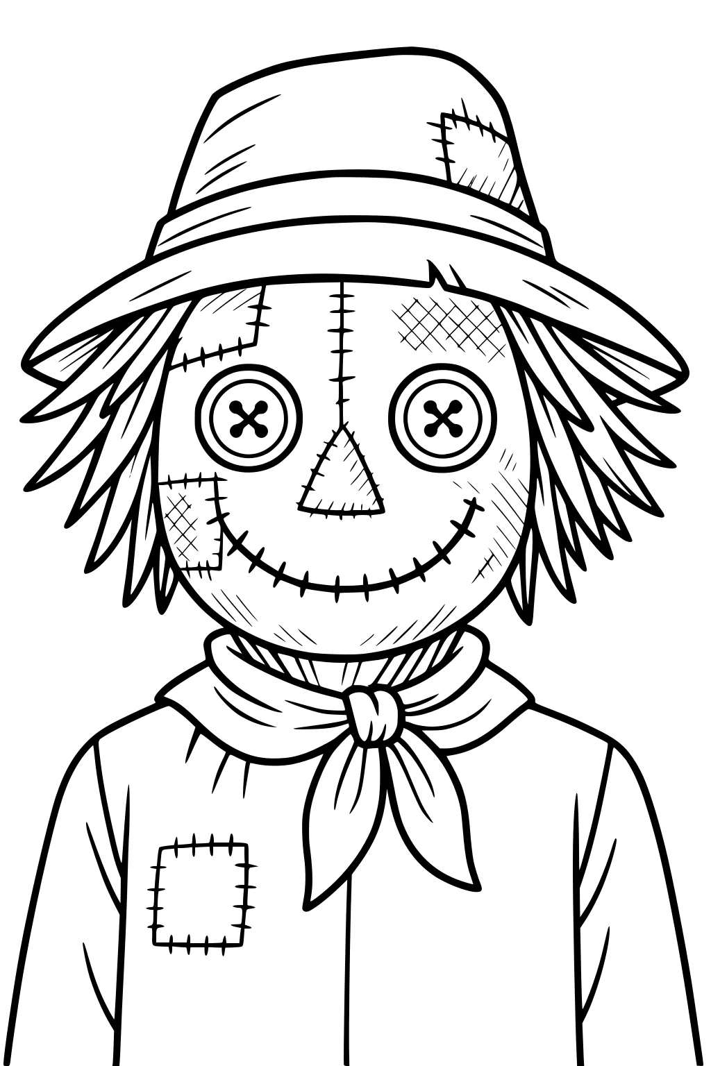 Scarecrow with patched floppy hat, button eyes, stitched smile, straw hair, scarf, and patched shirt, shown from chest up.