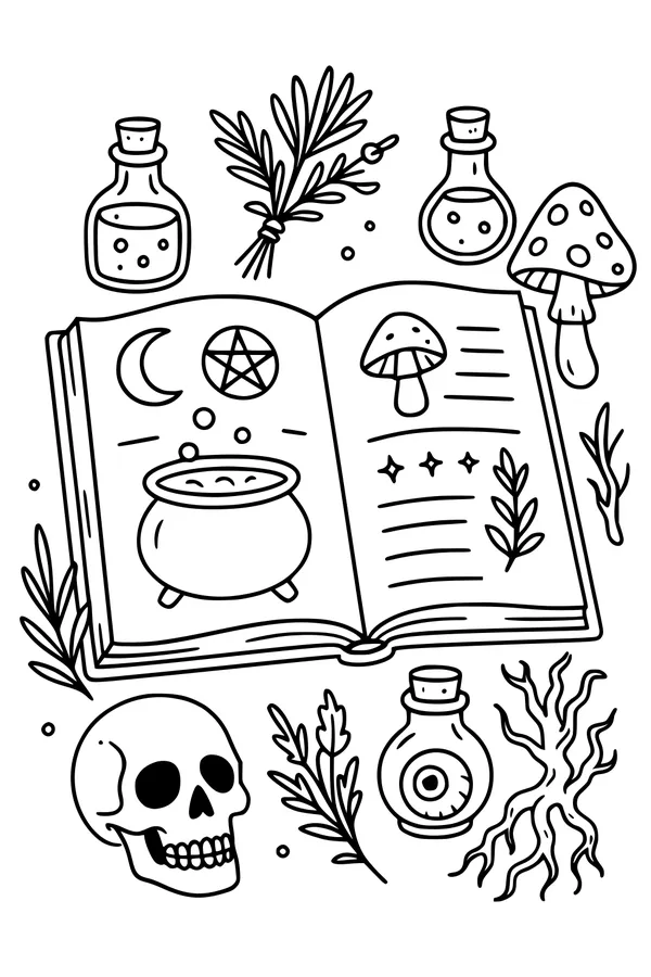 Free Halloween Spellbook Coloring Page - Magical Potions and Cauldron (Printable PDF)