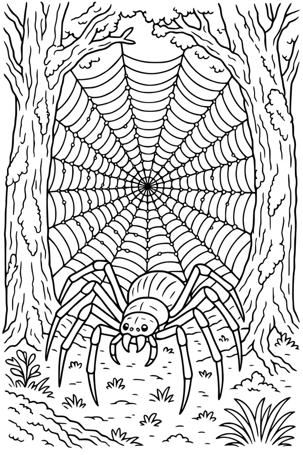 Free Halloween Spider Coloring Page - Web Between Forest Trees (Printable PDF)
