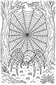 Free Halloween Spider Coloring Page - Web Between Forest Trees (Printable PDF)