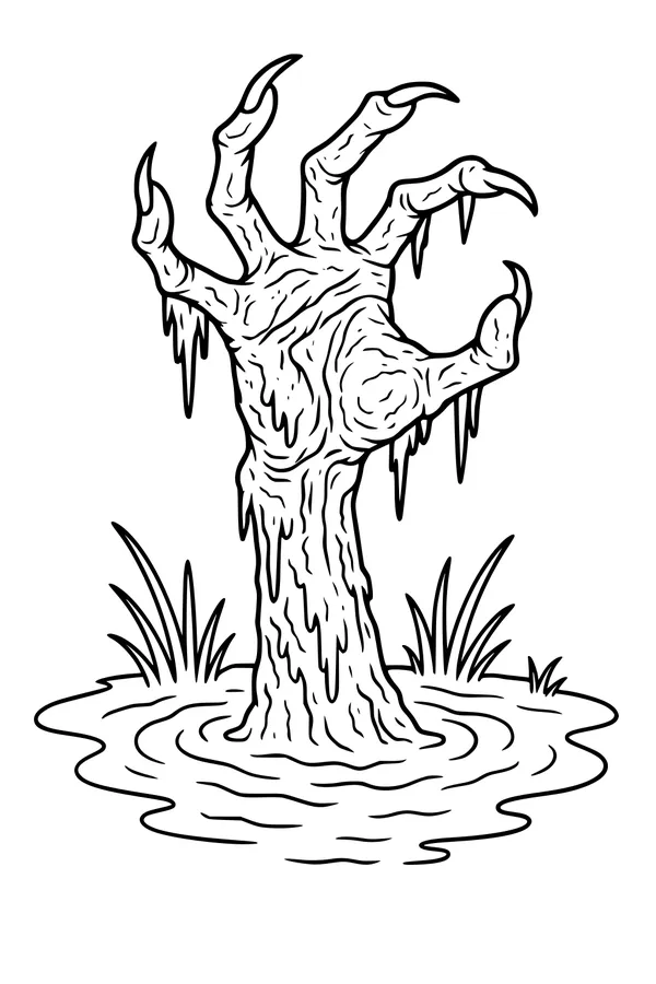 Free Zombie Hand Coloring Page - Slime Dripping From Swamp (Printable PDF)