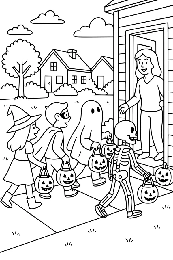Free Halloween Trick-or-Treaters Coloring Page - Kids in Costumes at Front Porch (Printable PDF)
