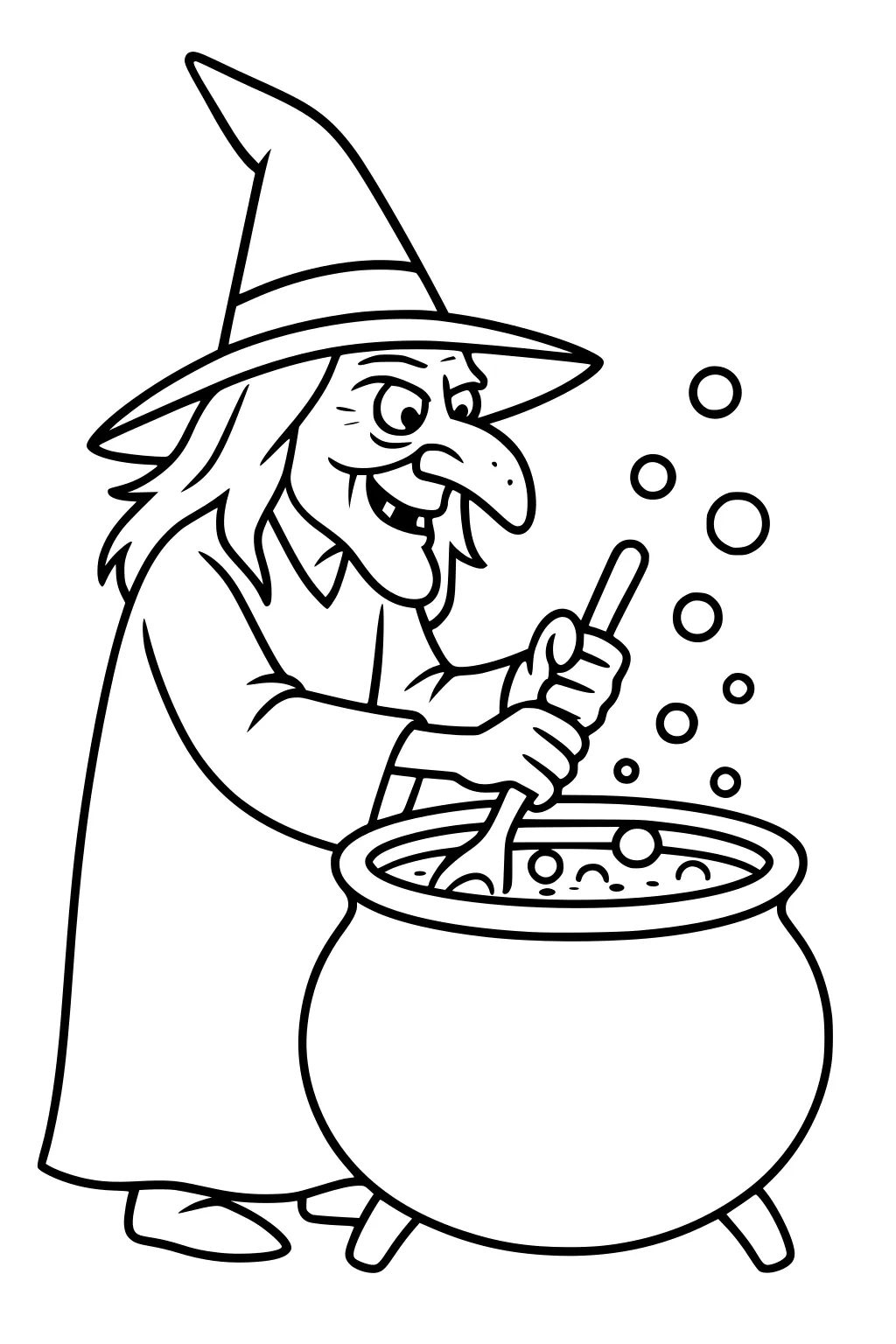 Cartoon witch in pointy hat stirring a bubbling cauldron with a wooden spoon; bubbles rise as she smiles, robe and shoes visible.