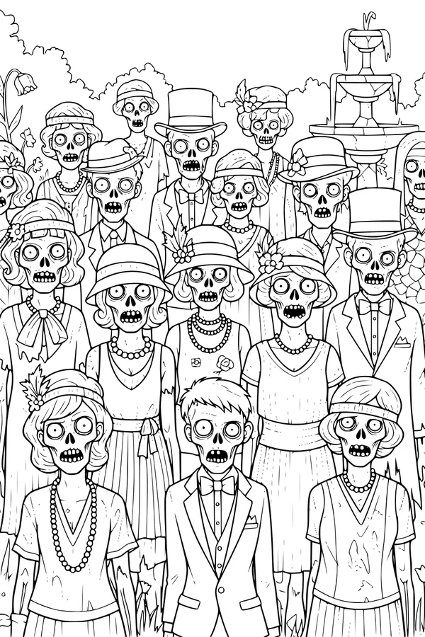 Free Zombie Coloring Page - 1920s Garden Party Portrait (Printable PDF)