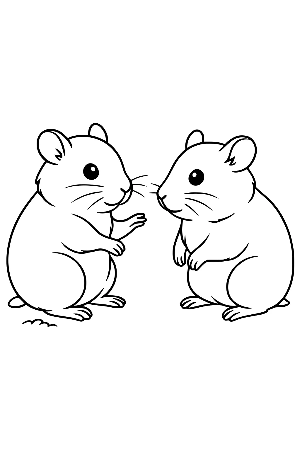Two hamsters facing each other, one with a paw extended. Both have round bodies, big eyes, and whiskers.