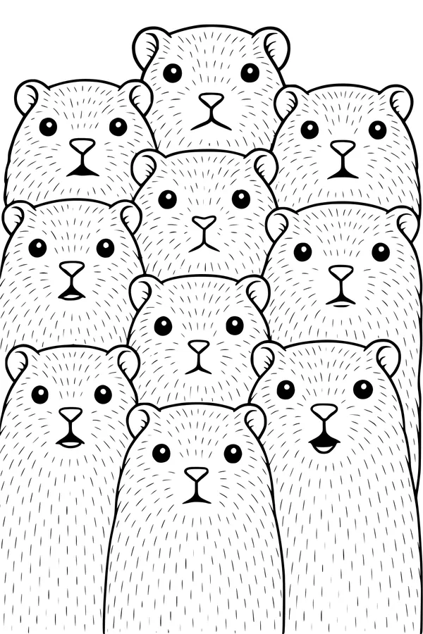 Free Hamster Coloring Page - Cute Hamster Friends in Rows (Printable PDF)