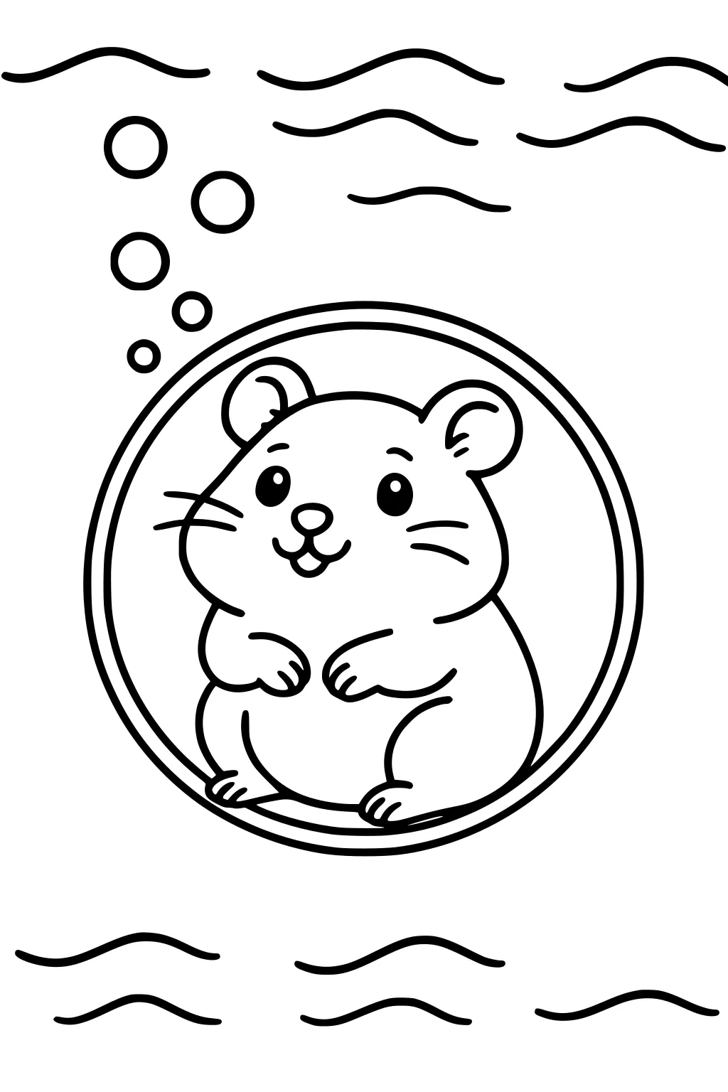 Hamster inside a clear exercise ball, surrounded by bubbles and wavy motion lines.
