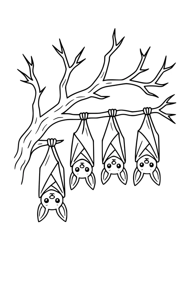 Free Bat Coloring Page - Sleepy Halloween Bats on a Branch (Printable PDF)